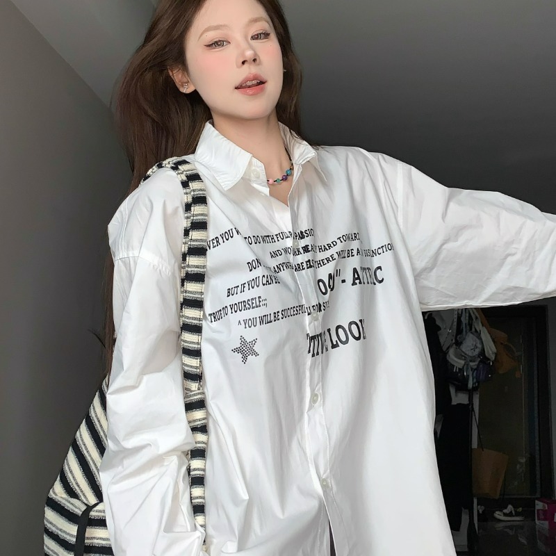 한국 스타일 고급 센스 루즈핏 다용도 흰 셔츠 프린트 캐주얼 커플 섹션 맨위 재킷