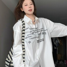 批发韩版高级感宽松<b class='q'>百搭</b>白衬衫印花休闲情侣款上衣外套