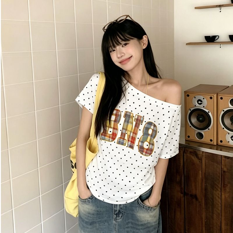 220 그램 40 1 1 순면 여름 새로운 한 부서 도트 무늬 비스듬한 칼라 오프숄더 프린트 섹션 반팔 티셔츠 여성