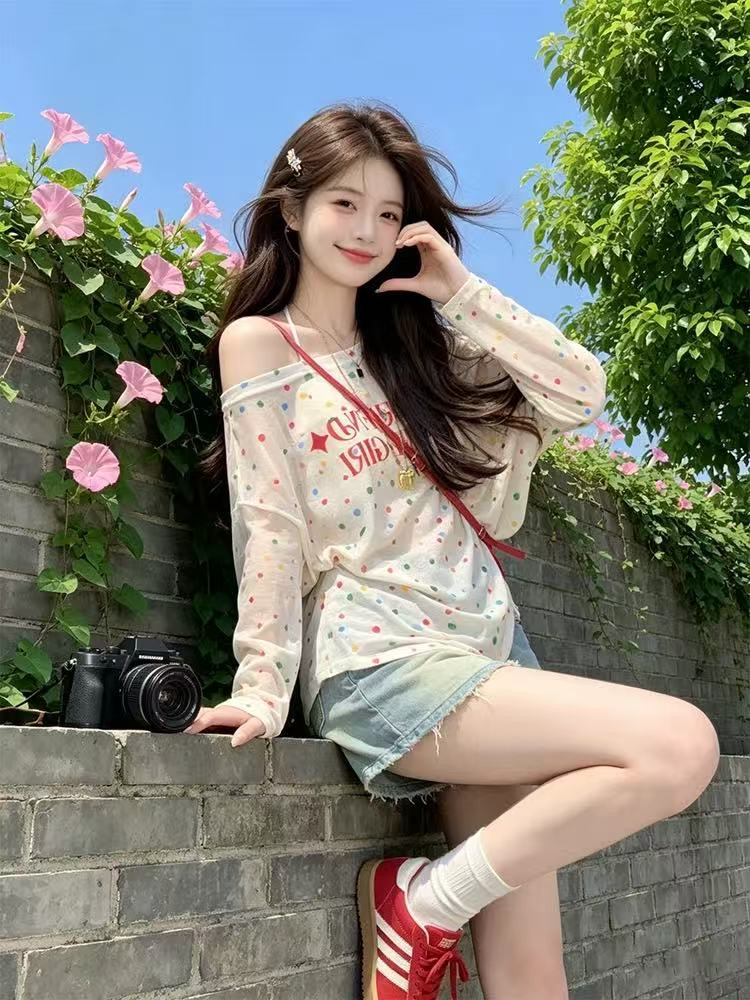 눈꽃 면 160 그램 자외선 차단 의류 색상 도트 무늬 긴팔 블라우스 티셔츠 블라우스 맨위