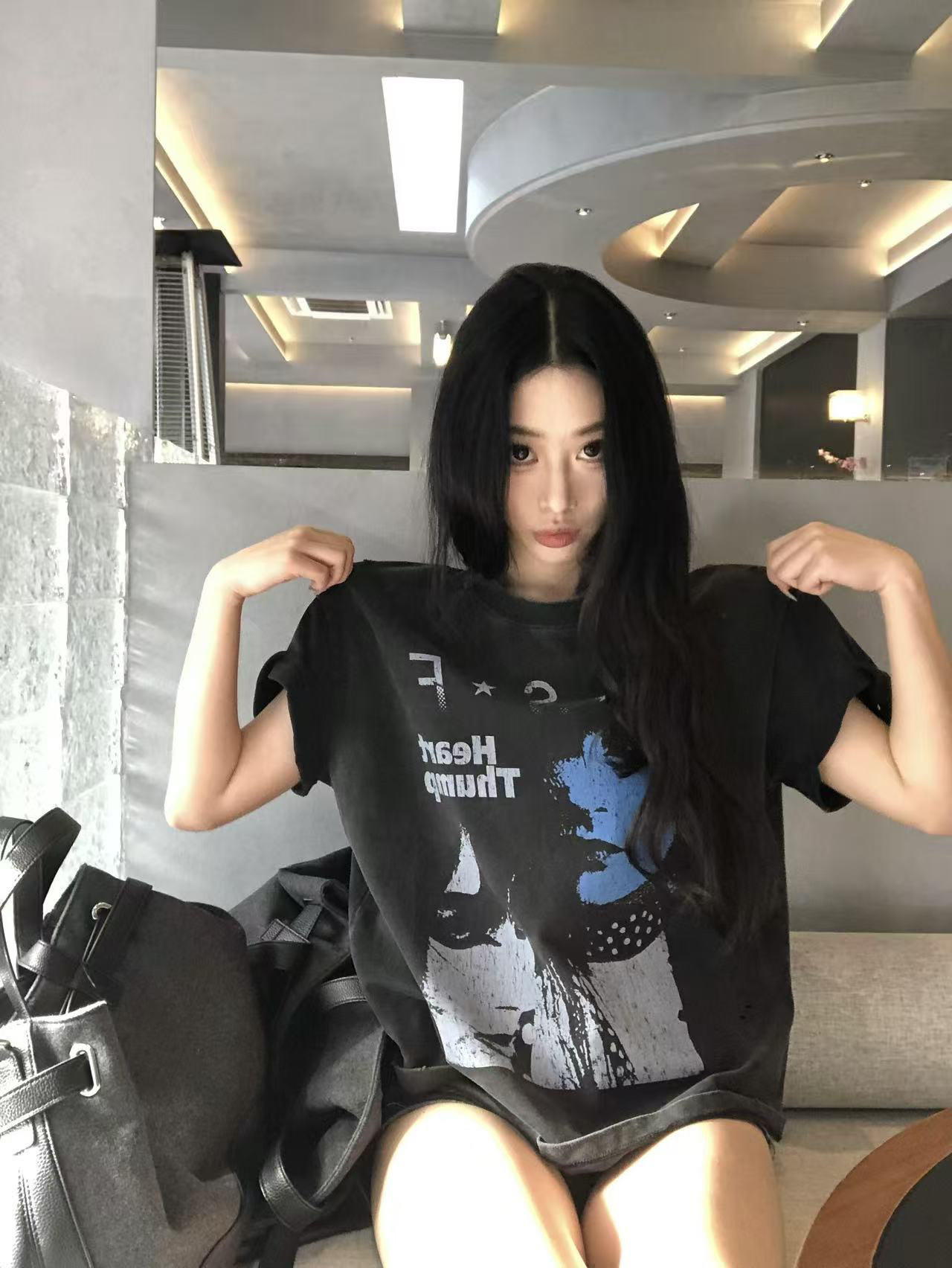 워싱 블랙 20 개 230 크 빗질하다 닫기 이후 패키지 칼라 루즈핏 프린트 반팔 티셔츠