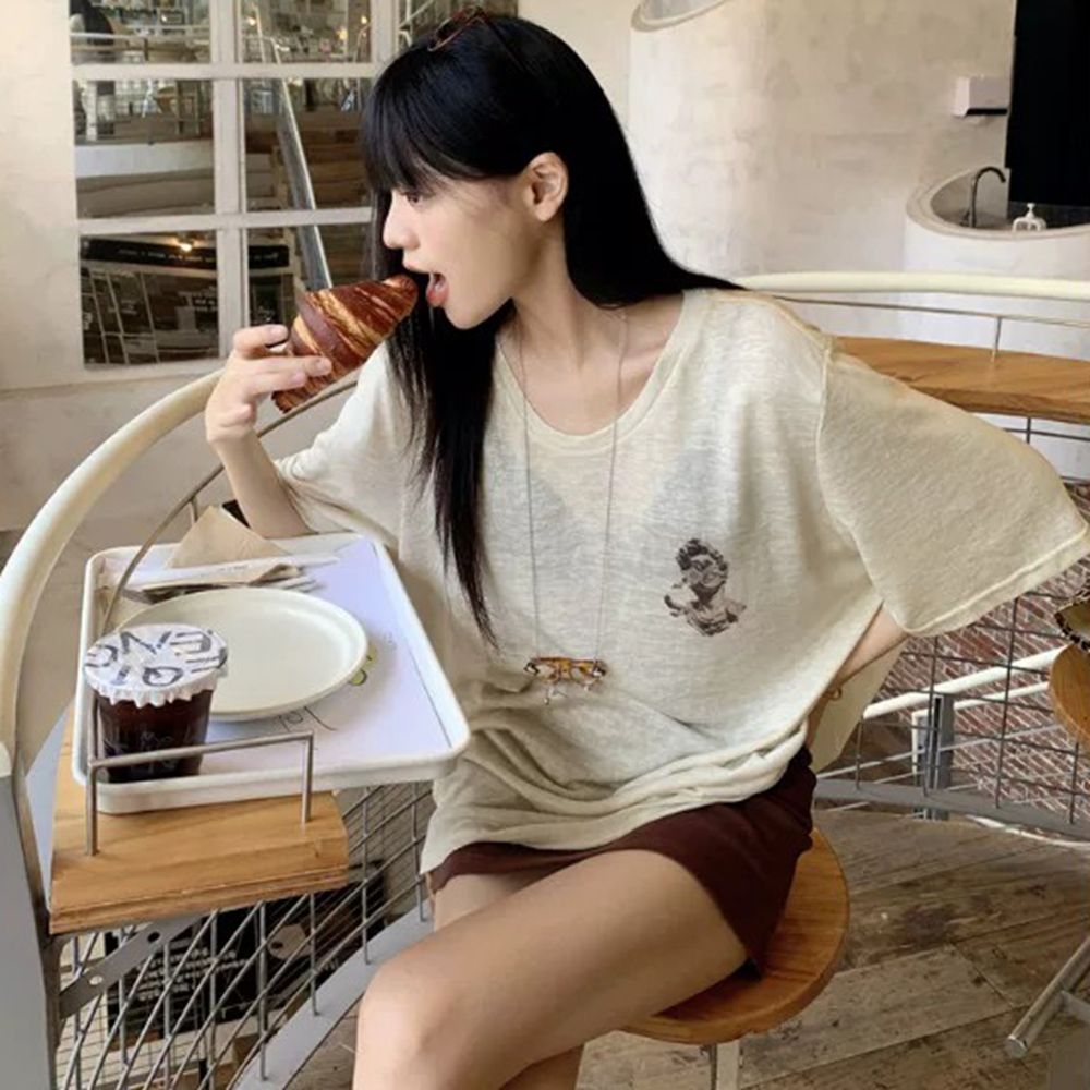 원본 품질 게으른 바람 오트밀 색상 프린트 얇은 스타일 반팔 티셔츠 캐주얼 맨위