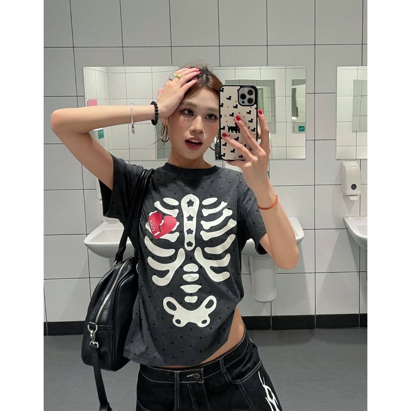어두운 회색 도트 무늬 완제품 프린트 210 그램 95 면 아메리칸 트렌디 서비스 골격 Cranial 반팔 티셔츠