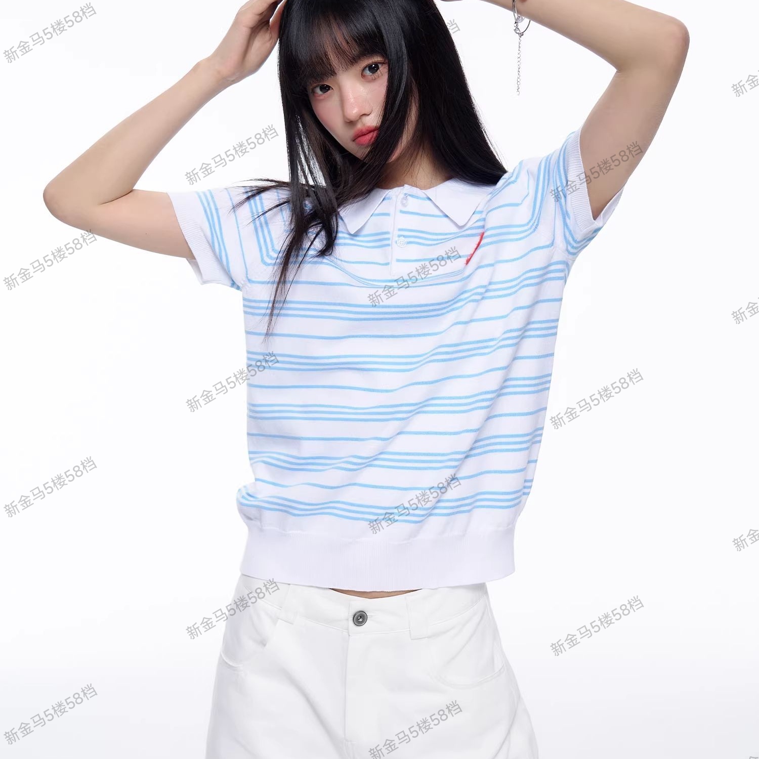 블루 화이트 스트라이프 POLO 칼라 반팔 티셔츠 여성 여름 새로운 일반 슬림해 보이는 다용도 고유 한 Chic 맨위