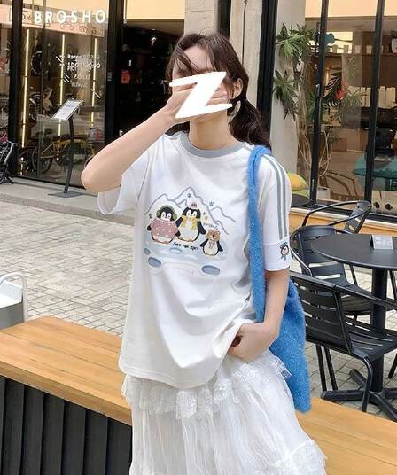 220g 순면 리브 네클라인 3개 바 아메리칸 새로운 여름 다용도 캐주얼 만화 자수 반팔 티셔츠 여성