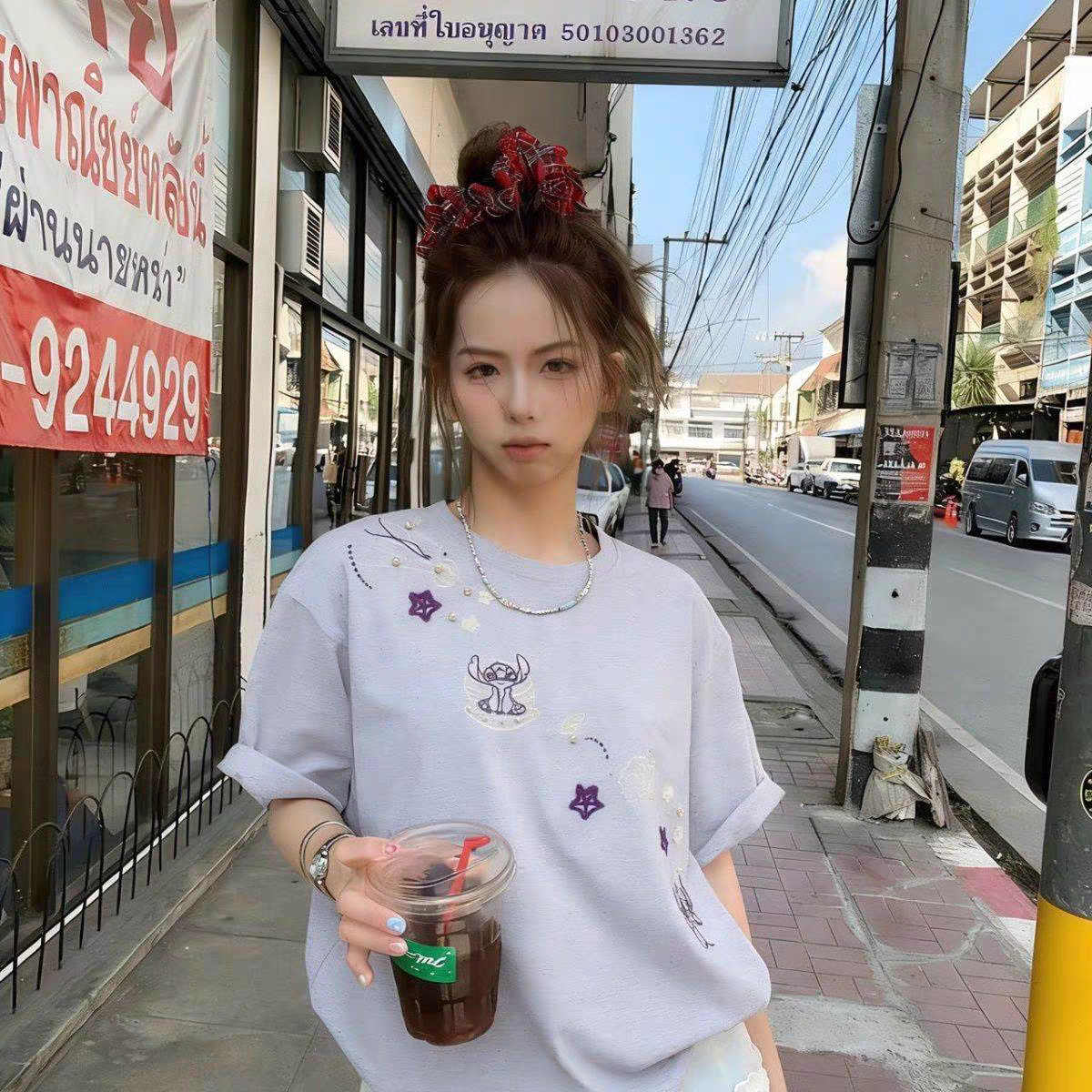 220g 순면 리브 네클라인 유럽 한 패션 디자인 비즈 박기 자수 여름 새로운 반팔 티셔츠 여성