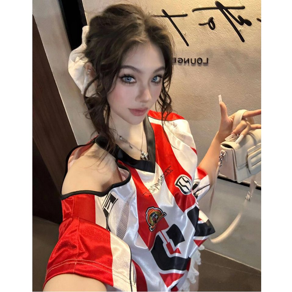 원본 원단 원본 솜씨 아메리칸 배색 스트라이프 V넥 저지 디자인 센스 루즈핏 오프숄더 맨위 여름 여성