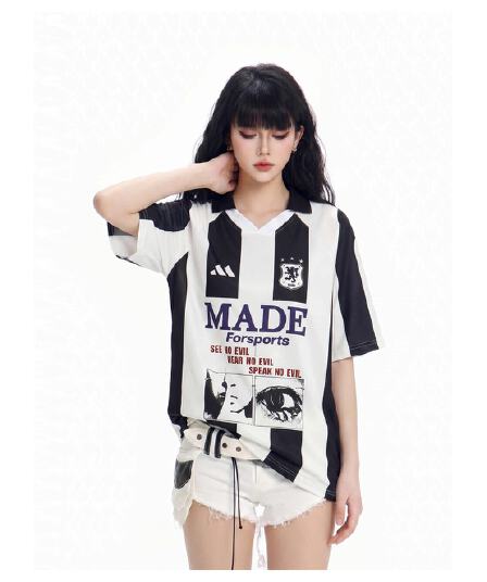 원본 저지 원단 원본 솜씨 아메리칸 거리 배색 스트라이프 알파벳 프린트 폴로 칼라 티셔츠 남녀 여름