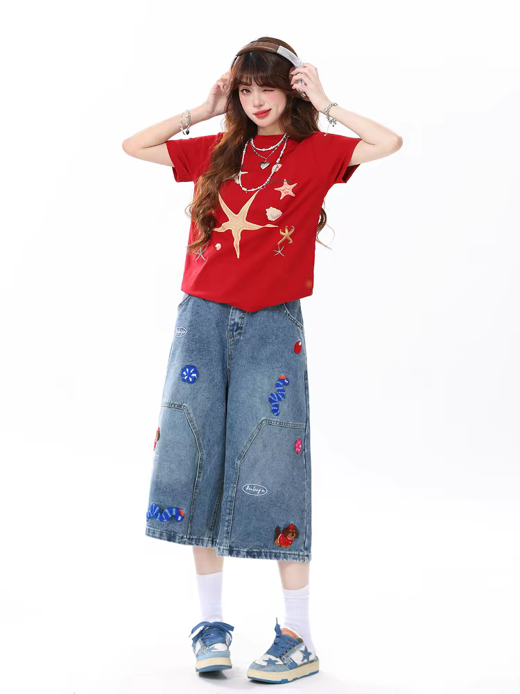 아메리칸 빨간색 불가사리 프린트 반팔 티셔츠 여성 여름 레트로 루즈핏 다용도 캐주얼 커플 맨위