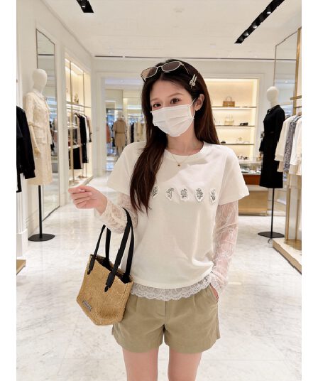 순면 더블 실 작은 대중 춤 레이스 조각 패치 자수 디자인 센스 페이크 레이어드 긴팔 티셔츠 여성 화이트 맨위