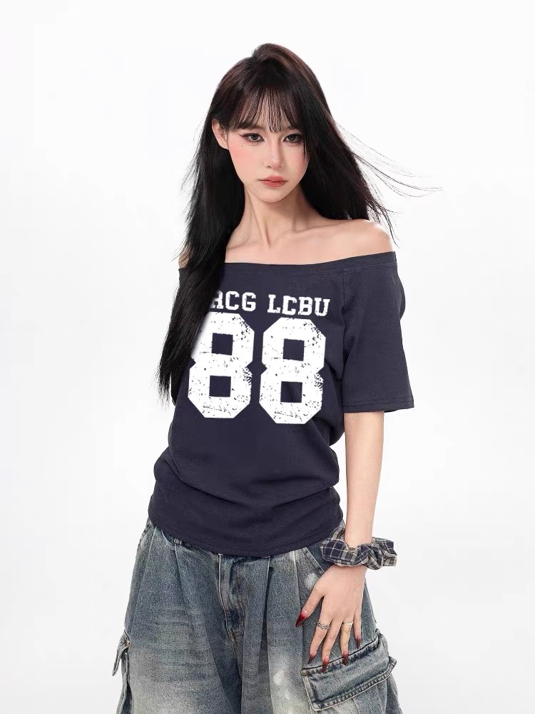 220 그램 92 면 8 암모니아 Lun 아메리칸 핫걸 비스듬한 어깨 알파벳 프린트 반팔 티셔츠 여성