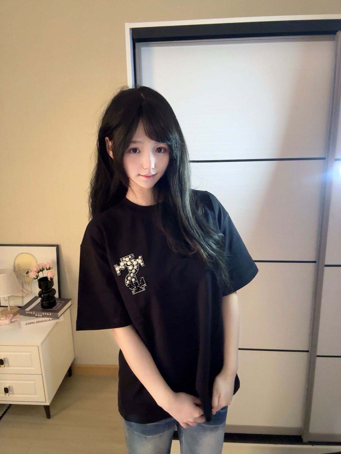 포밍 프린트 비즈 박기 19 지점 220 그램 순면 반팔 티셔츠 여성