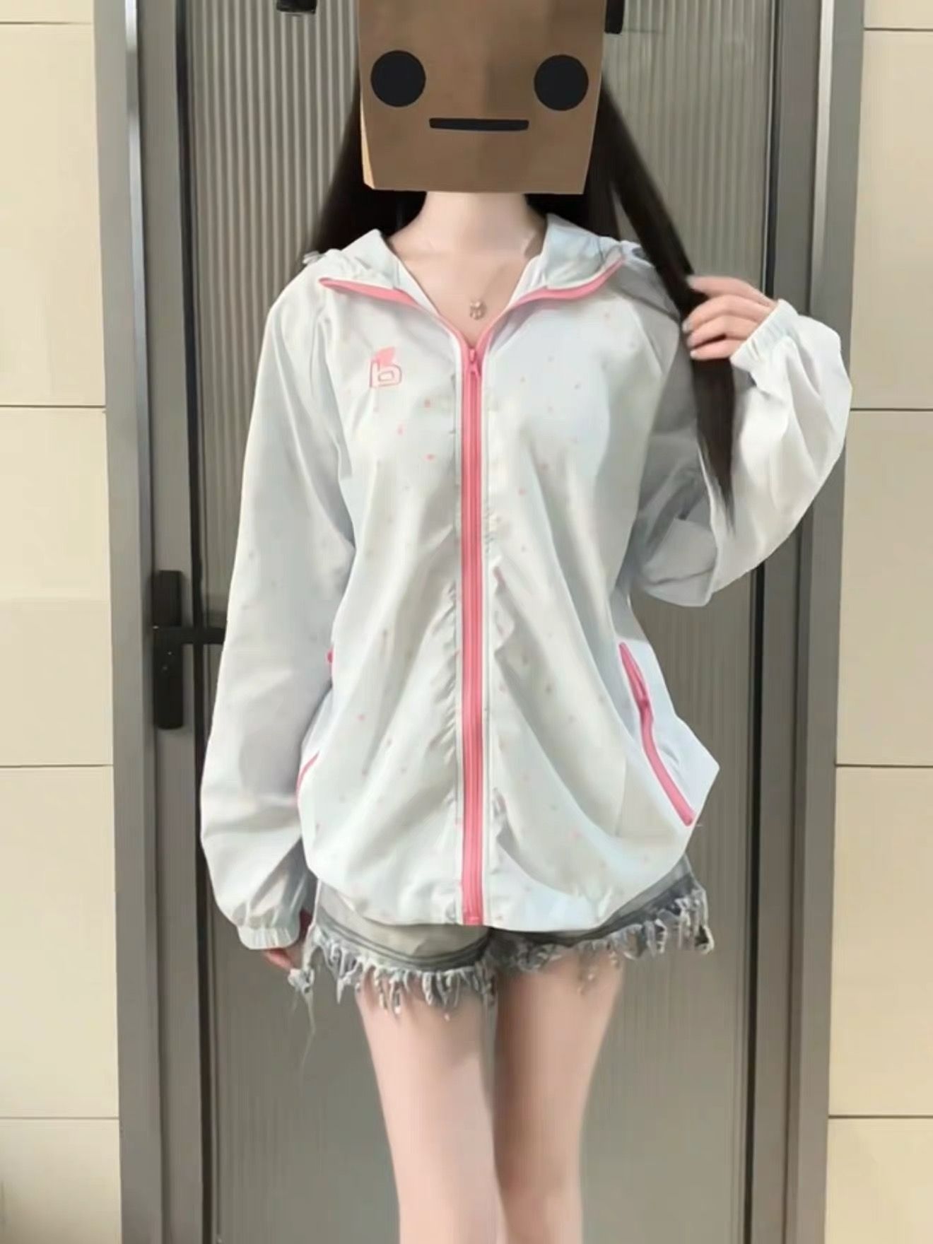 좋은 품질 원본 솜씨 원본 원단 전체 인쇄 도트 무늬 지퍼 더블 모자 자외선 차단 외투
