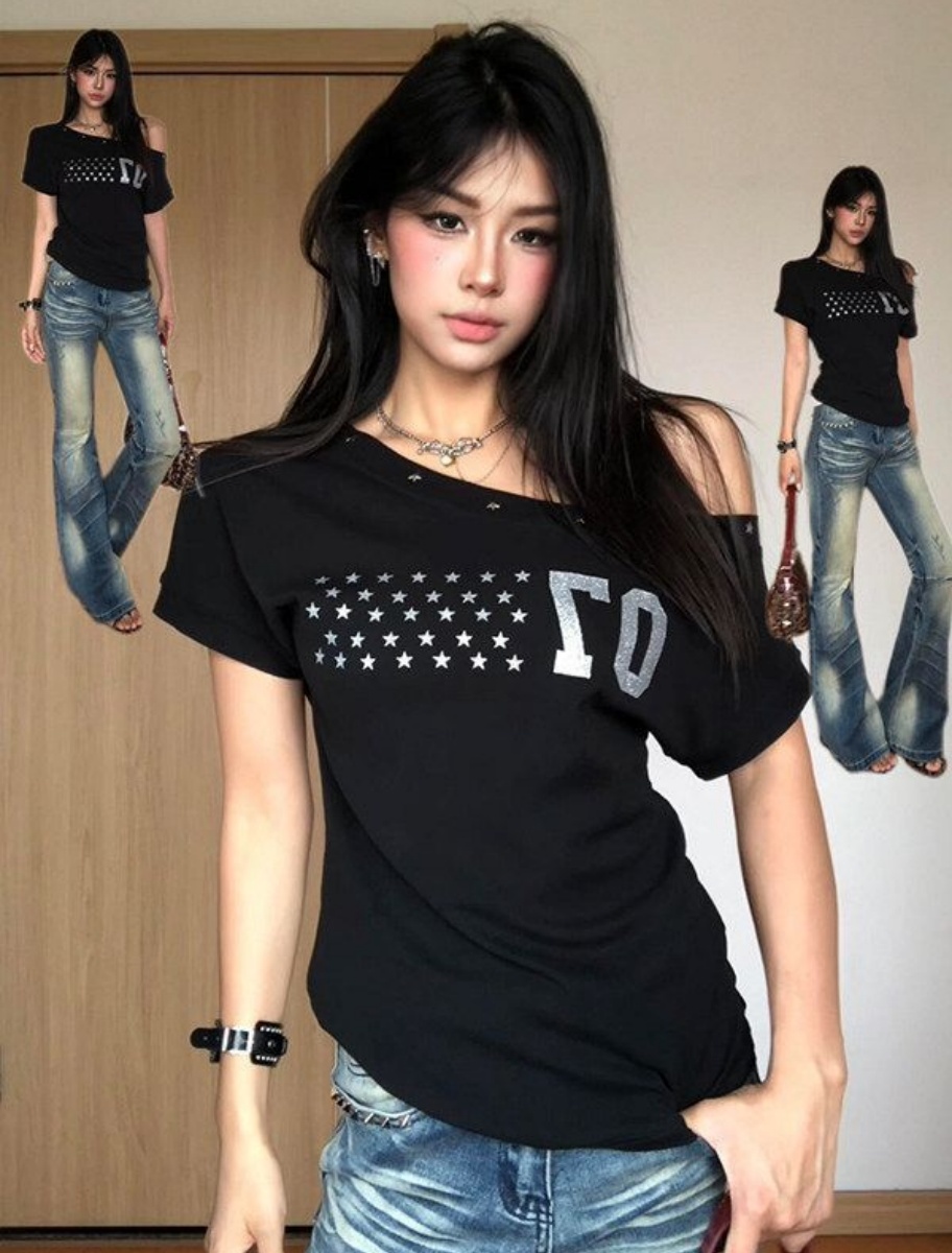 40 순면 210 그램 아메리칸 새로운 여름 별 프린트 비스듬한 어깨 반팔 티셔츠 여성 여름 디자인 맨위 여성
