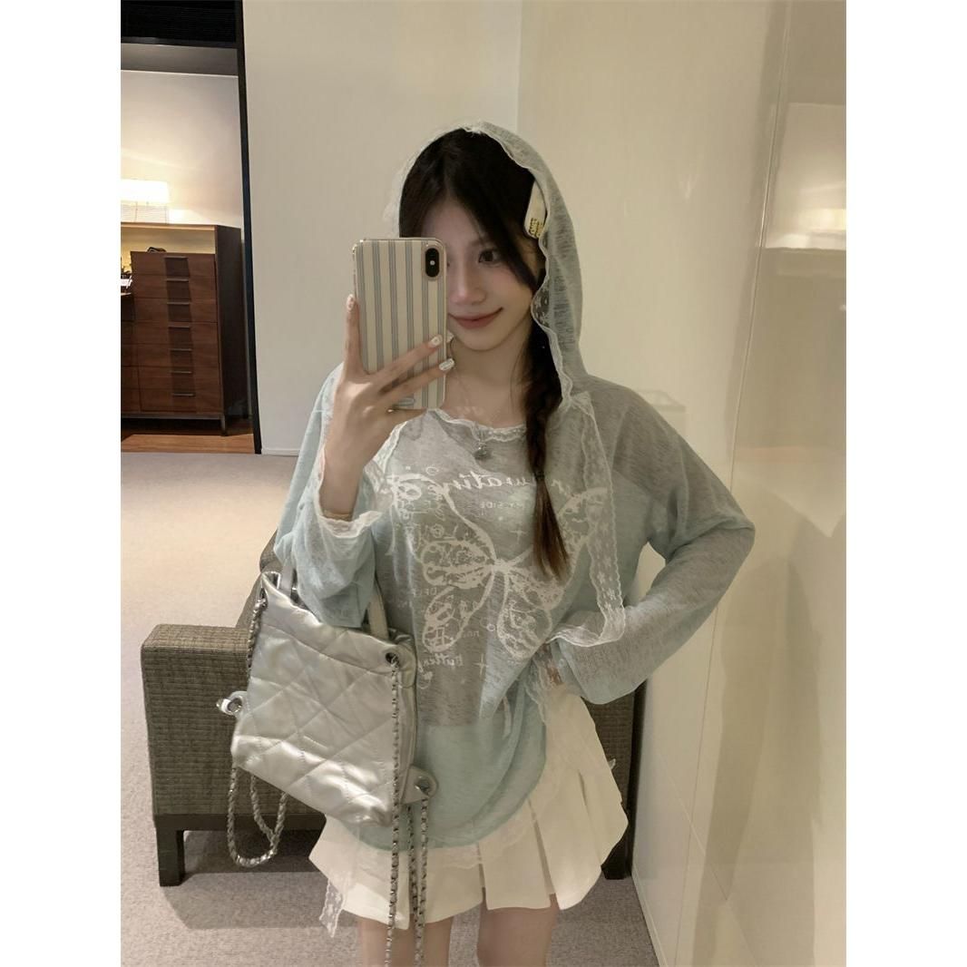 원본 원단 나비 프린트 반팔 t 소매 여성 여름 핫걸 캐주얼 후드 루즈핏 긴팔 자외선 차단 블라우스 맨위