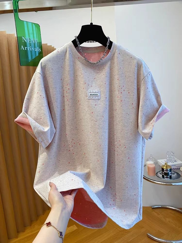 원본 원단 핫픽스 이후 패키지 칼라 빅 사이즈 300 근 고급 센스 라운드 넥 반팔 티셔츠 여성 셔츠 루즈핏 패션