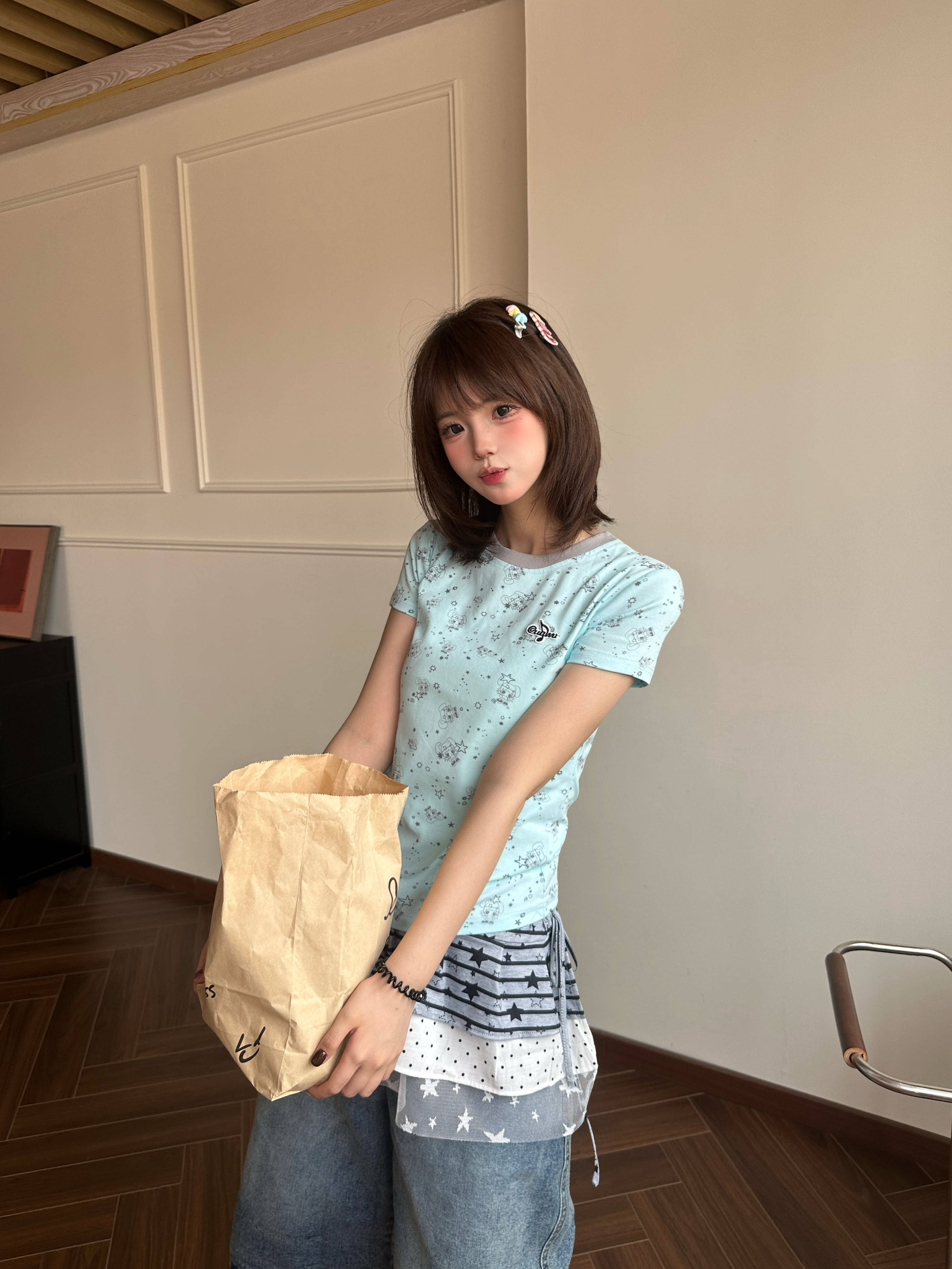 210 그램 92 면 8 암모니아 Lun 전체 인쇄 자수 있음 네리 아메리칸 양육하다 아름다움 새로운 y2k 반팔 맨위 여성