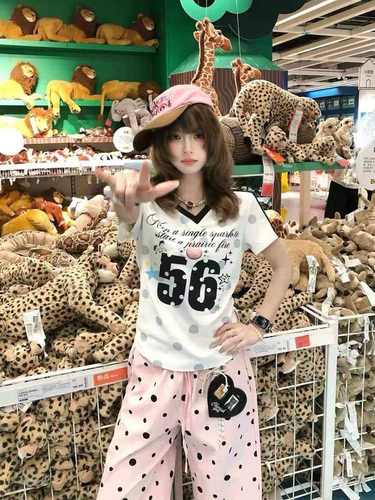 92 면 8 암모니아 Lun 한 부서 도트 무늬 V넥 반팔 티셔츠 여성 여름 학원 스타일 맨위 트렌디