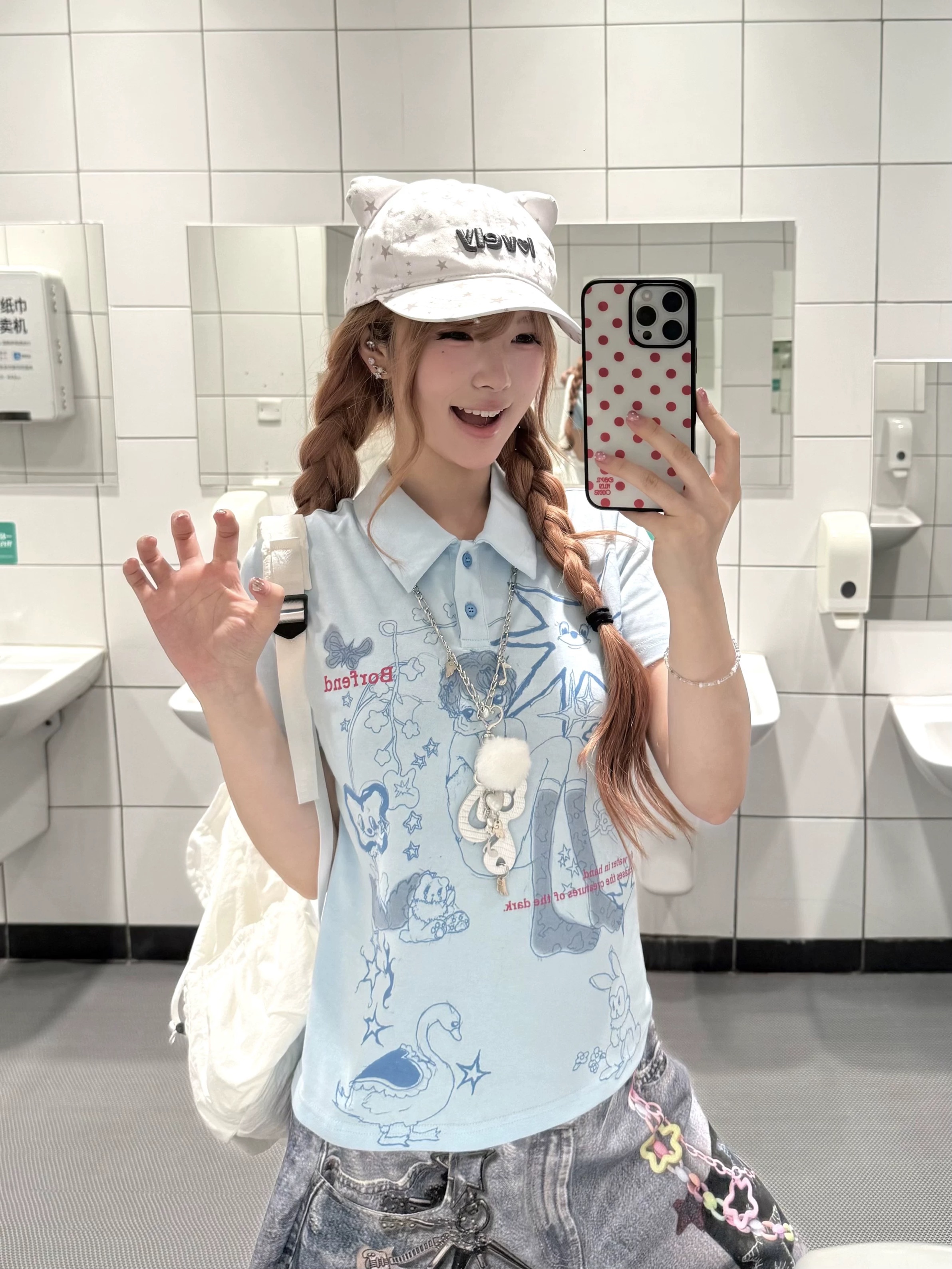 아메리칸 새로운 레트로 아시아 인 멩 센스 낙서 만화 POLO 칼라 반팔 티셔츠 여성 y2k 슬림해 보이는 맨위 반팔 티셔츠