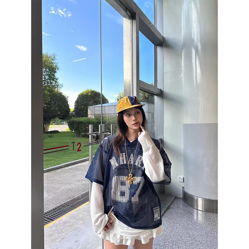 여름 해군 87 대 메쉬 저지 아메리칸 거리 레트로 프린트 공 서비스 반팔 티셔츠 남녀 여름