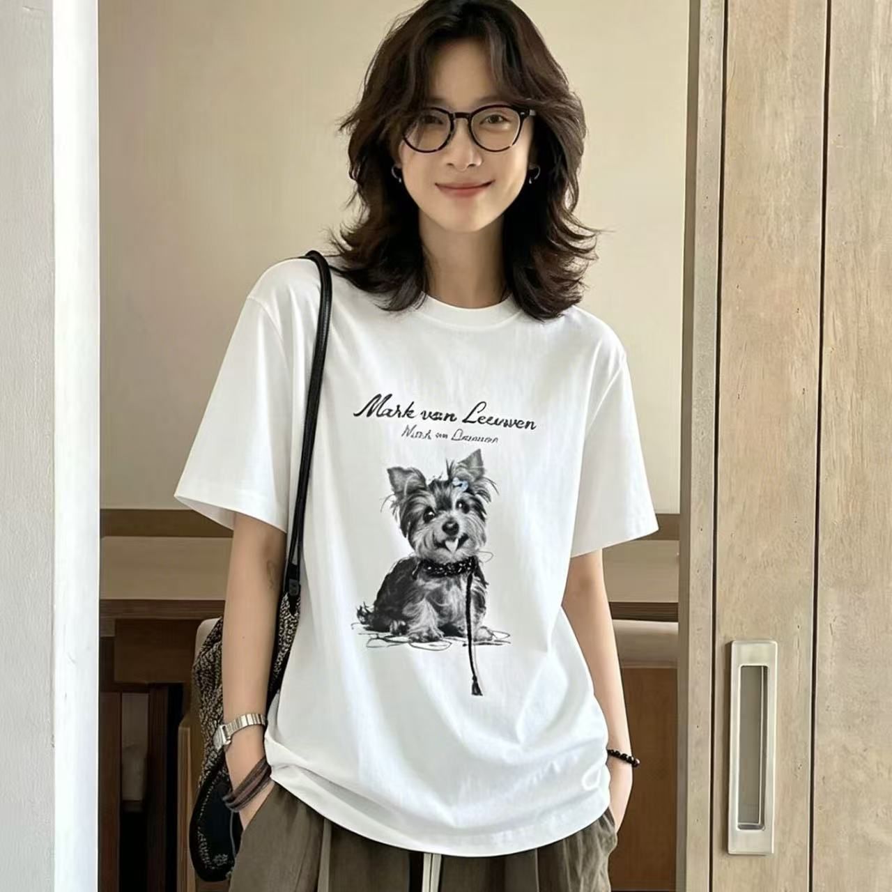 21 순면 230 크 면 빗질하다 닫기 라운드 넥 프린트 반팔 티셔츠 여성