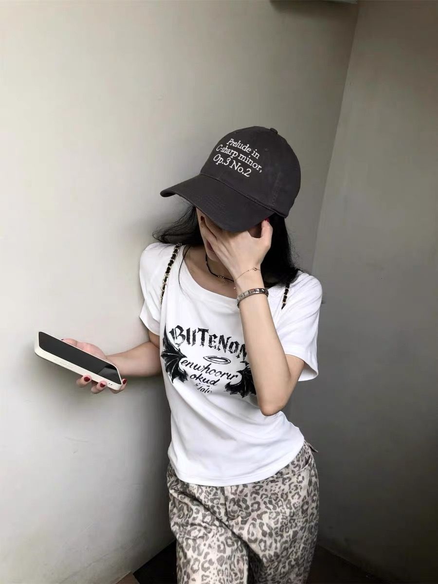 220 그램 92 면 8 암모니아 Lun 아메리칸 핫걸 비스듬한 어깨 알파벳 프린트 반팔 티셔츠 여성