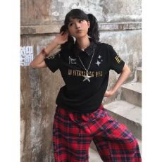批发亚文化黑色正肩短男女夏季闪钻翻领polo衫t恤y2k轻亚上衣小众