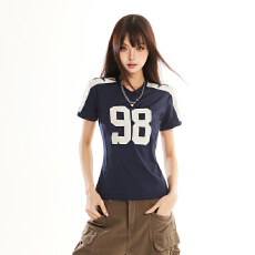 批发美式复古撞色球衣风数字印花短袖T恤女V领<b class='q'>修身</b>百搭显瘦辣妹潮上衣