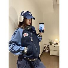 批发美式高街藏青色星星立领拉链卫衣女春<b class='q'>秋</b>设计感短款运动开衫外套潮