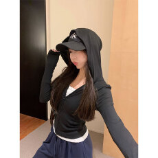 批发甜辣双拉链连帽外套女<b class='q'>秋</b>季新款显瘦长袖卫衣修身显瘦开衫上衣
