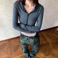 批发原版面料260克酷丝棉螺纹美式灰色条纹开衫连帽长袖短款