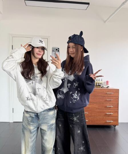 아메리칸 레트로 하트 도트 무늬 참고 낙서 후드 티 스웨터 남녀 봄 가을 루즈핏 카디건 코트