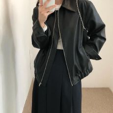 批发韩国chic秋季个性帅气翻领拉链设计宽松休闲长袖机车服<b class='q'>皮衣</b>外套<b class='q'>女</b>