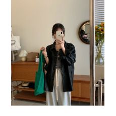 批发慵懒风咖色pu中长款<b class='q'>皮衣</b>外套<b class='q'>女</b>春秋2026新款宽松皮夹克衬衫