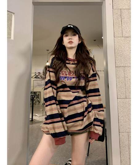 원본 품질 가을 맨위 라운드 넥 알파벳 프린트 스트라이프 싸움 풀오버 티셔츠