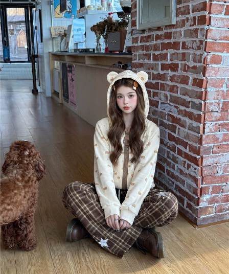 후아 면 복합 아메리칸 만화 작은 곰 알파벳 살구 색상 지퍼 오픈 가디건 후드티 여성 가을 재킷