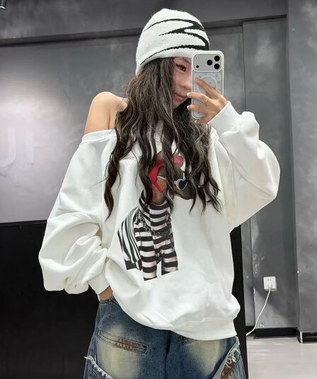 아메리칸 레트로 비스듬한 어깨 후드티 여성 가을 겨울 프린트 맨위