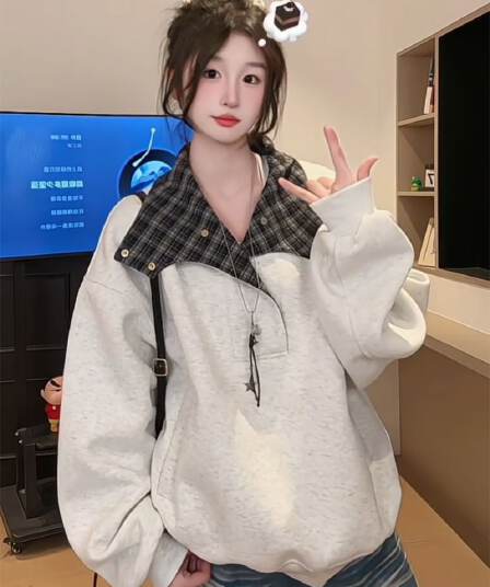 얇은 스타일 후드티 남녀 커플룩 봄 가을 트렌디 새로운 루즈핏 스냅 단추 체크무늬 터틀넥 한국 스타일 맨위