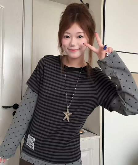 50 라이 경기 서울 45 명 면 5 암모니아 Lun 한국 스타일 새로운 스트라이프 도트 무늬 페이크 레이어드 긴팔 티셔츠 맨위 여성