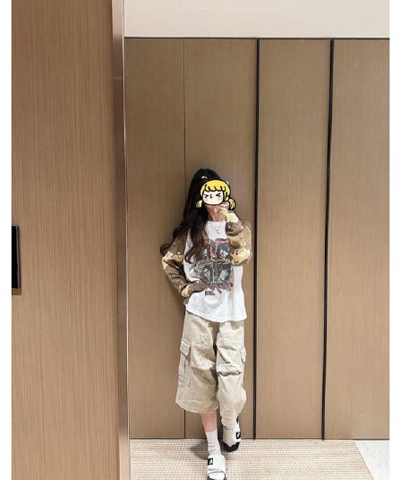 광저우 원단 후아 남편 그리드 디지털 직분사 아메리칸 레트로 카모플라주 패치워크 긴팔 티셔츠 여성