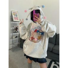 批发美式hiphop搞怪可爱校园风卡通<b class='q'>连帽卫衣</b>女春秋oversize设计感上衣