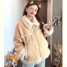 批发加绒保暖麂皮绒拼接皮毛一体羊羔毛棉服外套<b class='q'>女</b><b class='q'>棉衣</b>短款秋冬