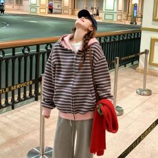 批发华棉复合400g 少<b class='q'>女</b>条纹连帽开衫卫衣春秋新款宽松韩系外套<b class='q'>女</b>