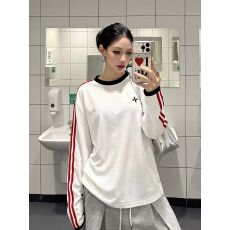 批发230克双纱纯棉条纹长袖T恤<b class='q'>女</b>春秋撞色圆领慵懒风上衣