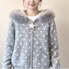 批发韩系慵懒风毛领连帽波点拉链口袋针织衫上衣春秋冬毛衣星星拉链
