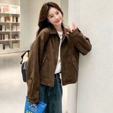 批发美拉德棕色外套潮春秋复古仿麂皮绒百搭设计感短款小个子上衣夹克