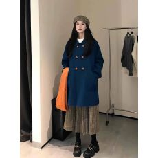 批发蓝色翻领双排扣毛呢外套女秋冬季气质休闲显瘦减龄中<b class='q'>长款</b>呢子大衣
