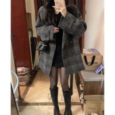 批发韩系大衣小香风盐系轻熟风格子毛呢外套高级感慵懒韩风衣中<b class='q'>长款</b>衣