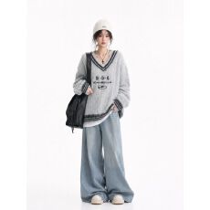 批发美式国潮V领麻花针织衫宽松型套头毛<b class='q'>男</b>女衣学院风慵懒松弛感潮流