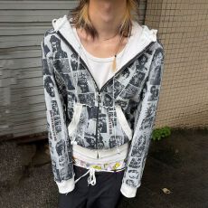 批发复古街头满印人像卷边连帽开衫<b class='q'>卫衣</b><b class='q'>男</b>女秋季慵懒小众拉链外套